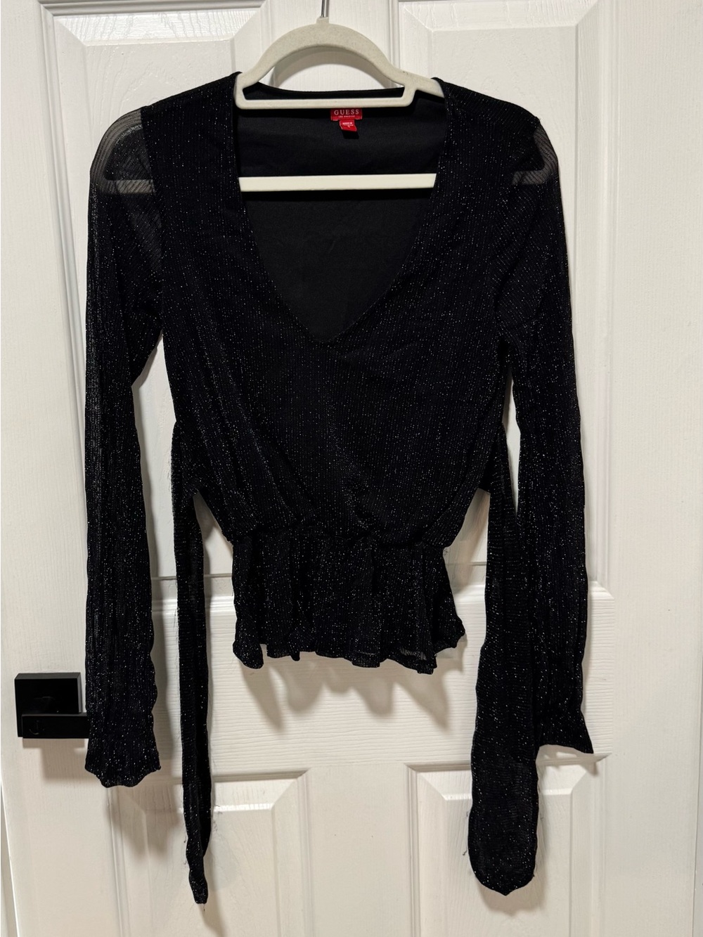 Guess Black Sparkle Wrap-Style Long Sleeve Blouse
